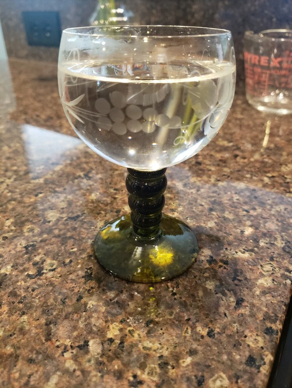 Vtg (3) Etched Grapevine Wine Glasses with Green Stems- 4 Oz